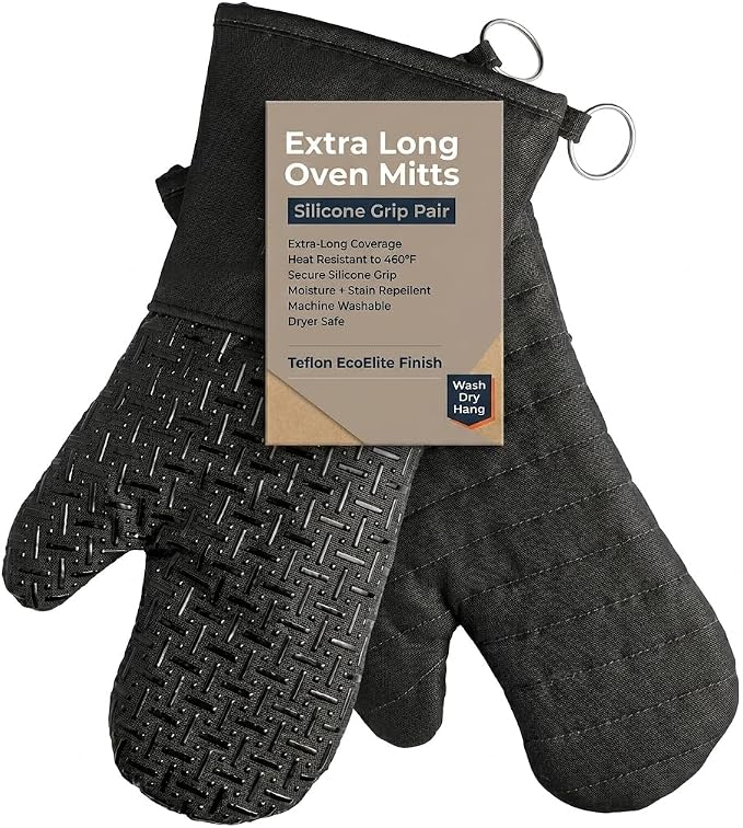 Xlnt Extra Long Oven Mitts (Black) | Teflon EcoElite Water Repellent | Heat Resistant for Oven Cooking, Grill & BBQ | Non Slip Gloves with Teflon EcoElite Finish, Cotton Lining & Hanging Loop