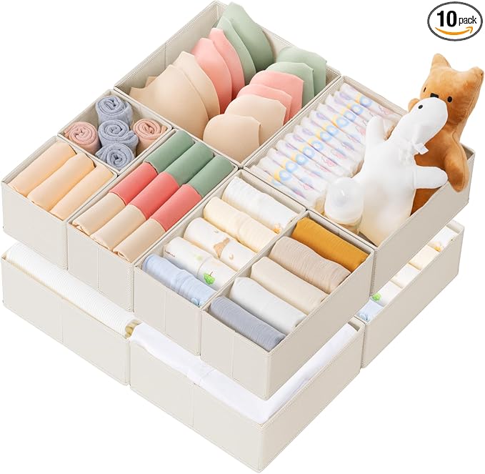 Drawer Organizer Clothes, 10 Pack Dresser Organizer for Baby Clothes, Underwear, Sock- Foldable Closet Organization and Storage Dividers Bins for Nursery, Bedroom (Oatmeal)