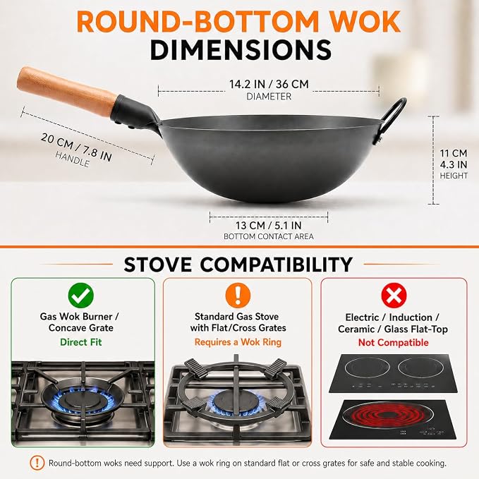 WANGYUANJI 14.2 Inch Round Bottom Carbon Steel Wok, Nitrided Iron Chinese Stir Fry Pan for Gas Wok Burner, Wok Ring Needed for Flat Gas Grates, Wooden Handle