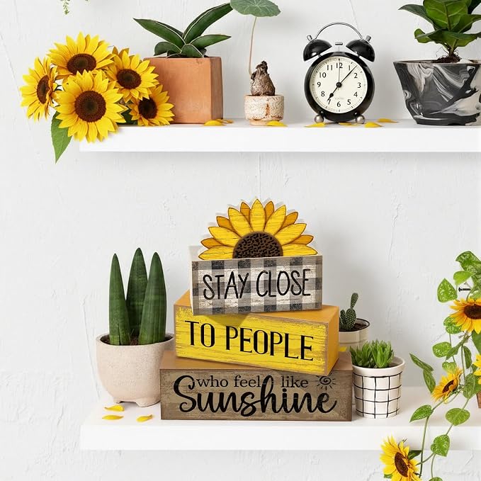Lineshading 4 Pcs Sunflower Wooden Block Signs Farmhouse Tabletop Decor | Rustic Tiered Tray Decor for Home, Indoor Summer Table Decorations with Inspirational Quote, Farmhouse Gift