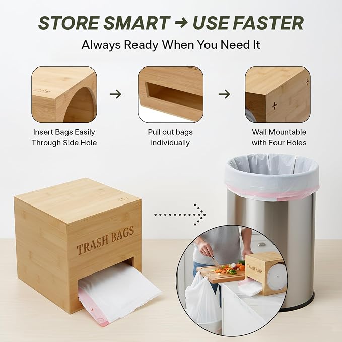 Trash bag holder dispenser | Bamboo garbage bag holder dispenser for Under Sink Storage | Wall Mount trash bag holder | Portable Hanging Organizer for Kitchen & Utility Use