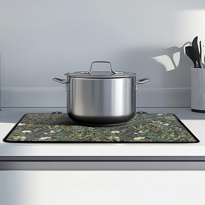 Botanical Print Stove Top Covers for Electric Stove Floral Black Sage Green Flower Plant Glass Top Gas Stove Pad Heat Resistant Range Cooktop Mat for Kitchen 28"x20"