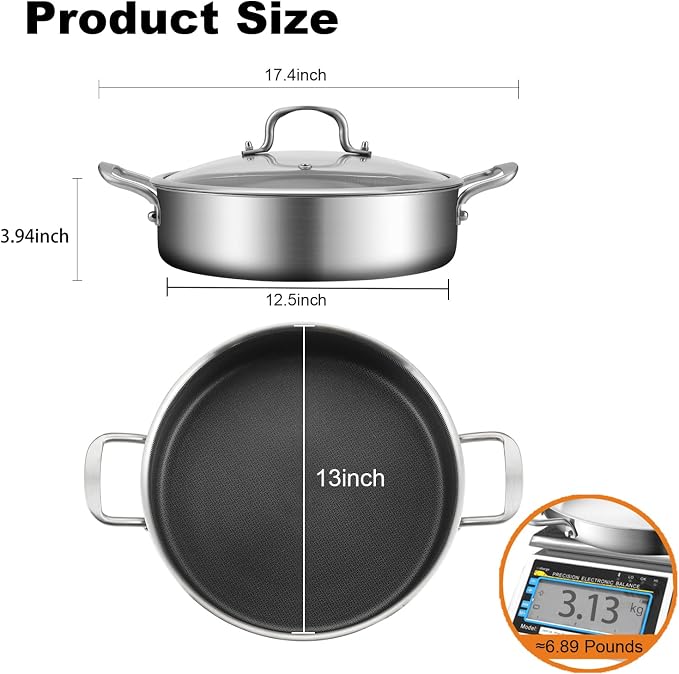 DELARLO Saute Pan 8QT, Frying Pan Nonstick with Lid, Tri-ply Stainless Steel Skillet, Large Braiser Induction, Everyday Pans, Heavy Duty Style, Compatible with All Cooktops Up to 660℉