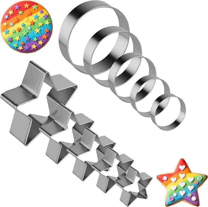 10PCS Round Cookie Cutter & Star Cookie Mold, Stainless Steel Kitchen Baking Supplies, Sandwich Cutters, 5 Sizes for Fondant Cake, Cookies, Biscuits & DIY Party Decor (Round-Star)