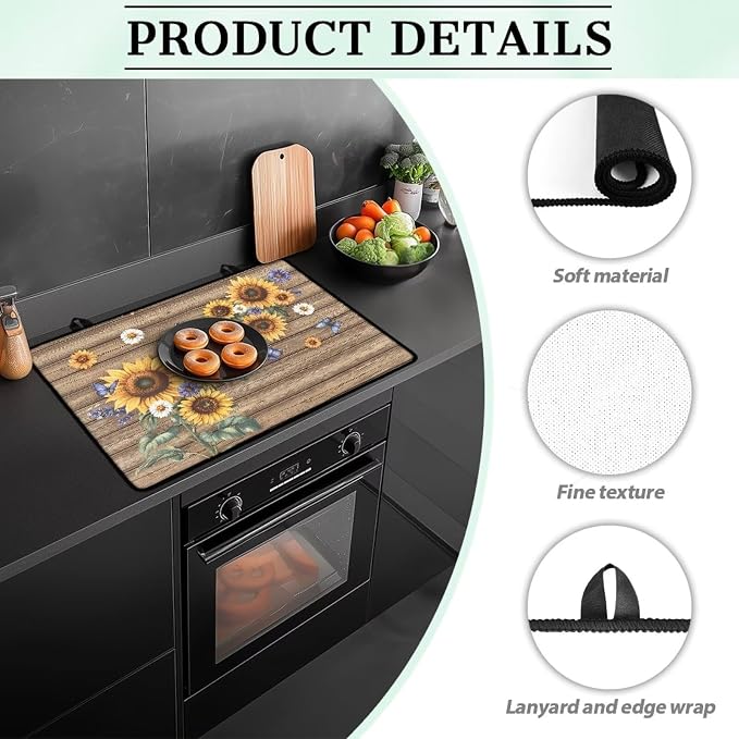 Sunflower Wood Multi-Purpose Stove Top Cover Silicone Thermal Mat for Electric Stove(30"x21") Scratch Resistant Glass Cooktop Protector & Dish Drying Mat