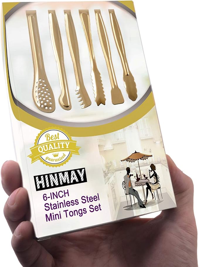 HINMAY Gold Plated Mini Serving Tongs Set 6-Inch Appetizers Tongs, Set of 6 | Stainless Steel Small Sugar Cube Tongs Ice Tongs