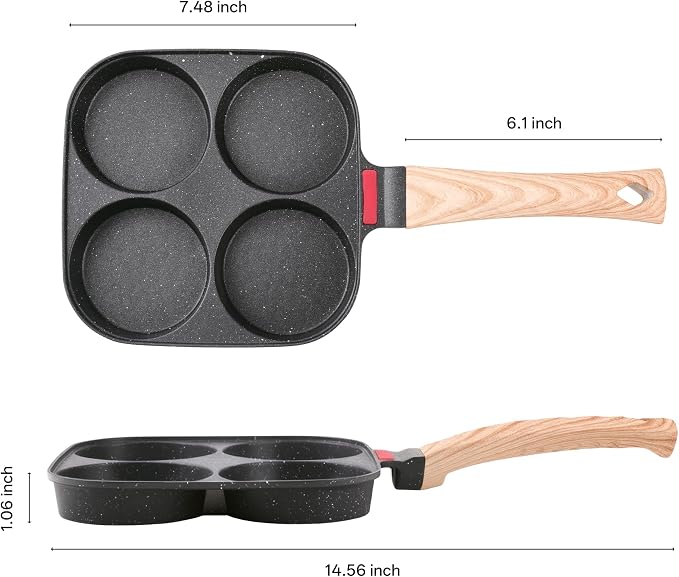 Egg Pan with Lid 4 Cup Nonstick Egg Frying Pan Omelette Skillet | Aluminum 4-Hole Omelette Pan with Glass Lid, Spatula, and Silicone Brush. Works for Breakfast Eggs, Bacon, and Mini Pancakes.
