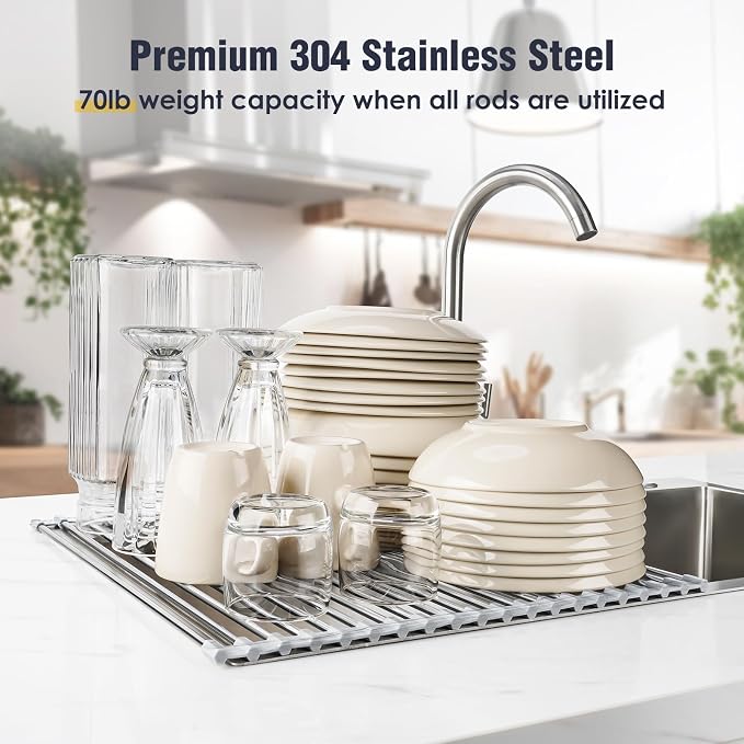 Tomorotec Roll Up Dish Drying Rack Over Sink, 304 Steel, 21x15.5, Marble | Anti-Slip Silicone Rims For Grip, Heat-Resistant Trivet Mat Holding Heavy Cookware, Rustproof Kitchen Counter Space Saver