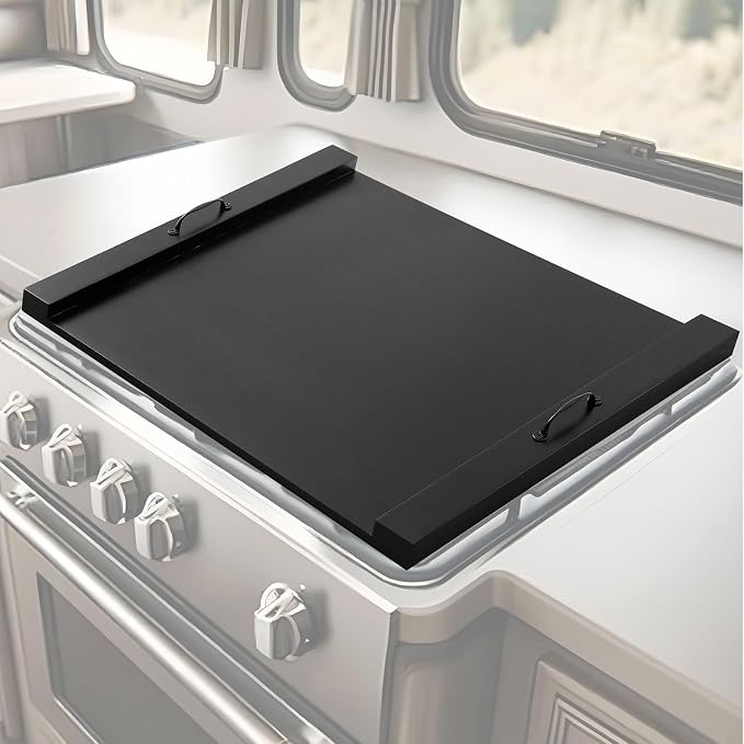 Rv Stove Top Cover Board Wood Noodle Board Camper Stove Top Cover Countertop Cutting with 5 Pcs Adjustable Non-slip Rubber Feet Leg Juice Groove for Trailer Gas Burner Kitchen(Black)