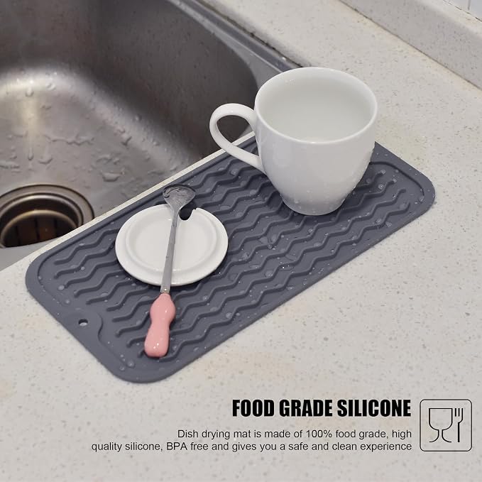 Silicone Dish Drying Mat, Non-Slip Easy Clean Sink Mat Large Heat-resistant Dish Drainer Mat for Kitchen Counter, Sink, Refrigerator or Drawer liner (12" x 6", GREY) | Quick-Dry Ridges, Hangable & Roll-Up for Storage, Dishwasher Safe