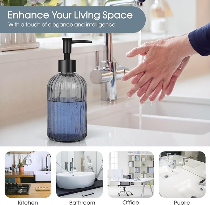 Topsky Glass Soap Dispenser with Plastic Pump, 400ml Liquid Hand Soap Dispenser, Rustproof Pump for Kitchen & Bathroom, Great for Lotions, Essential Oil, Liquid Soaps,Gray