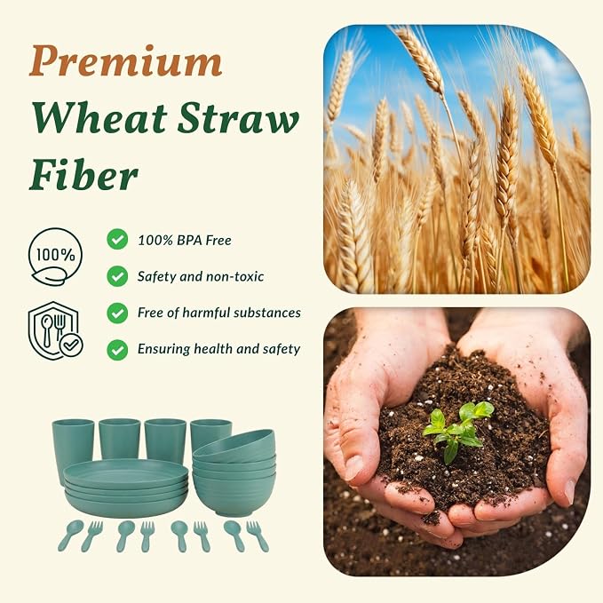 Wheat Straw Dinnerware Sets, Homienly 20pcs Unbreakable Microwave Dishwasher Safe Tableware Lightweight Bowls, Cups, Plates Set Reusable Dinner Plates Bowls set (Green)