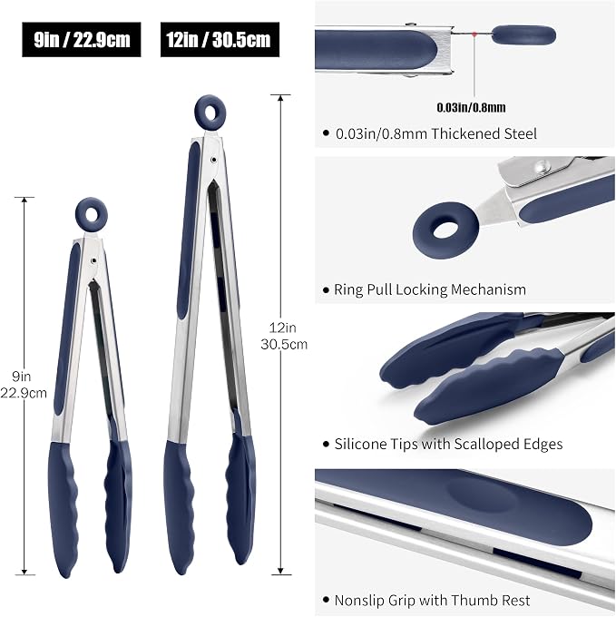 Doosu Kitchen Tongs with Silicone Tips for Cooking Serving (9+12in, Navy) | 600°F Heat Resistant Food Tong, Heavy Duty Stainless Steel Locking Tong for BBQ, Grilling Steak, Salad, Toast, Pasta