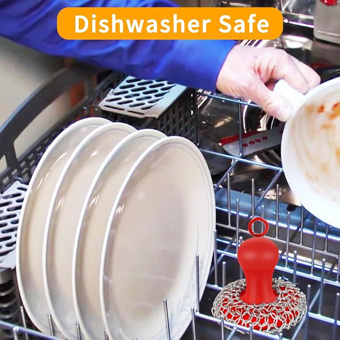 Cast Iron Cleaner Scrubber with Pan Scraper, Patented Chain Mail Scrubber | with Hanging Loop, Metal Chainmail Scrubber Sponge Scrub Brush Cleaning kit to Clean Pan Pot, Skillet, Grill, Dutch Oven, Wok