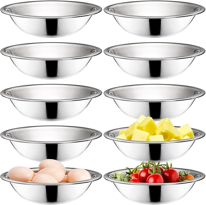 Okllen 10 Pack Small Stainless Steel Bowls, 6 1/2 Inch Wide Kitchen Metal Bowl with Flat Base, 3/4 Quart Prep Bowls for Meal Prep, Cooking, Serving, Baking