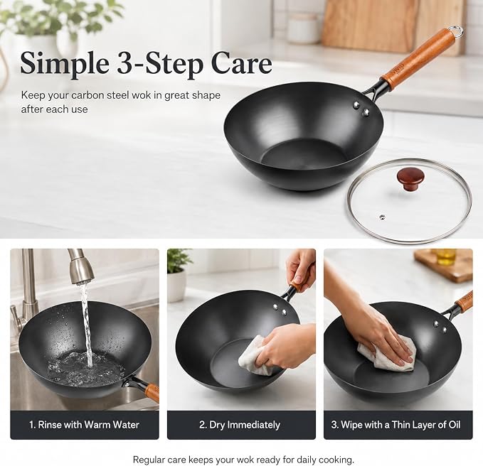 Carbon Steel Wok Pan with Lid, 9.4 Inch Deep Flat Bottom Wok, Coating-Free Carbon Steel Pan for Stir Fry, Soup, Noodles, Braising & Boiling, Small Induction Wok with Wooden Handle