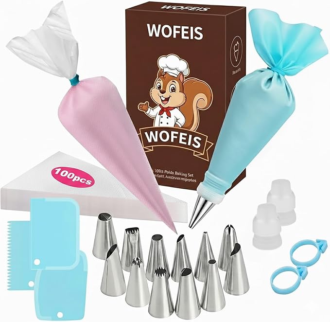 120-Piece Piping Bags and Tips Set with 100 Disposable Bags for Decorating | Thick disposable piping bags, a reusable icing bag and frosting tips create clean cake and cupcake designs with easy cleanup.
