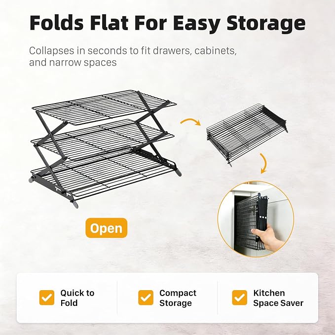 3-Tier Collapsible Cooling Rack, Adjustable Wire Baking Rack, Black | 3 adjustable heights, stable X-leg frame, folds flat, open-wire airflow, 17.1 x 9.8 in, for cookies, cakes and pastries