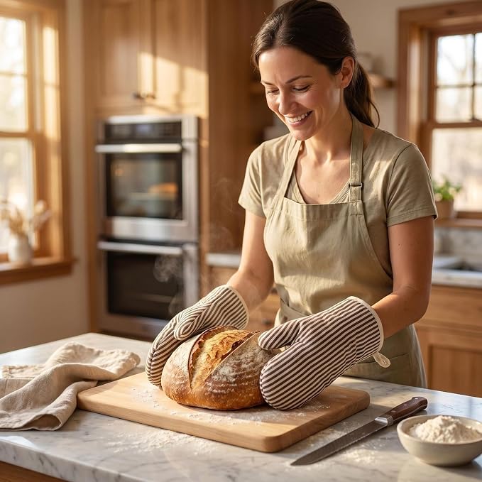 4Pcs Oven Mitts and Pot Holders, Heat Resistant Oven Mitts Set with Pothholder,Heat Resistant Microwave Gloves Safe for Baking,Cooking, BBQ (Khaki)