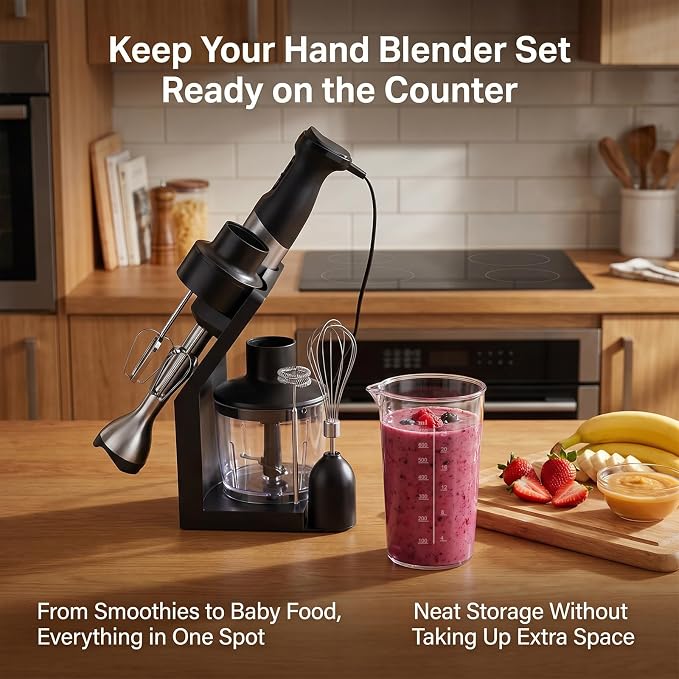 Immersion Blender Holder with PP Cup, Stick Blender Storage Rack | Includes storage holder and reusable PP mixing cup, allowing blending and storage in one convenient set