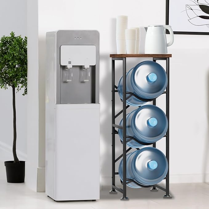 5 Gallon Water Jug Holder, 3-Tier Water Bottle Holder with Wood Top Shelf, Heavy Duty Water Cooler Jug Rack, Water Dispenser Storage Stand for Office and Living Room