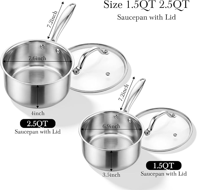 Tri-Ply Stainless Steel Pot 1.5Qt & 2.5Qt with Lids | Heavy Duty, Induction Ready, Nonstick, Stay-cool Handle, Dishwasher Safe, Multipurpose Cookware, Even Heat Conduction