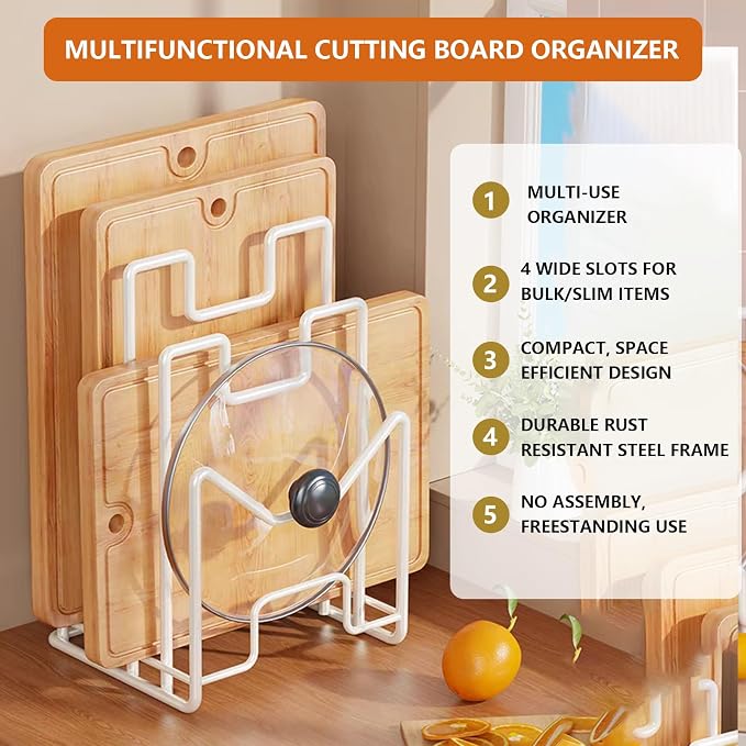 Multifunctional Cutting Board Organizer, Cutting Board Holder Rack Baking Cookie Pan Sheets Cooling Racks Storage Stand for Kitchen Cabinet -Divided Holder with 4 Slots (2PS Black) (2White)