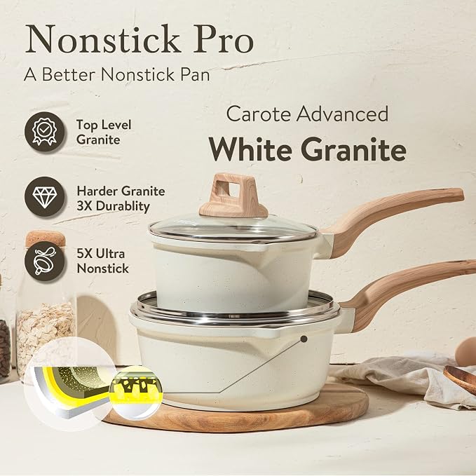 CAROTE Nonstick 1.5Qt & 3.0Qt Sauce Pan Sets with Lid, White | Kitchen Non Toxic Cookware with Stay-cool Handle, All Stovetops Compatible, Dishwasher Safe, PFOA Free