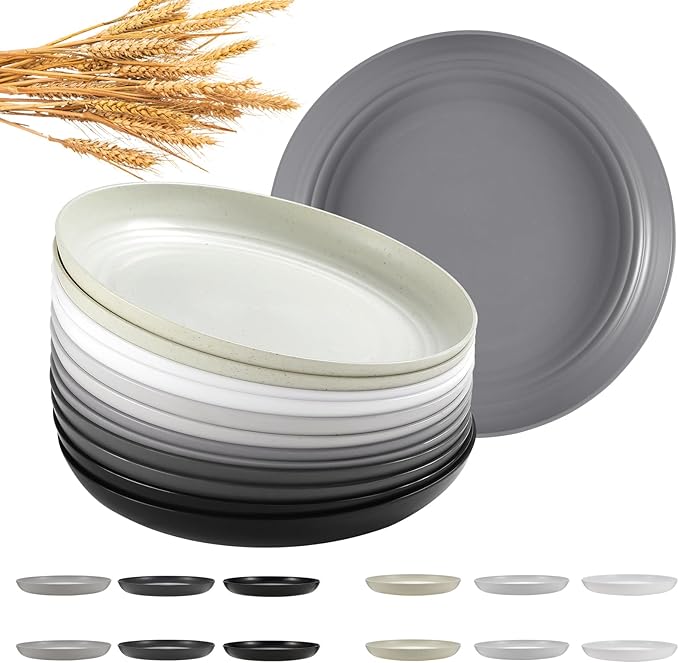 HEYCOME 12 Pcs Unbreakable Deep Dinner Plates Set, 10 inch Reusable Plastic Wheat Straw Plates, Microwave and Dishwasher Safe Plate for Kitchen, Lightweight Plate for Dessert, BPA Free, 6 Colors
