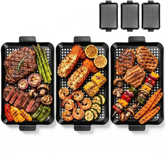 3PCS Grill pan: Grill Topper for Outdoor Grill, Non-Stick Enamel Coating Grill Topper Suitable for Camping, Picnic, Party