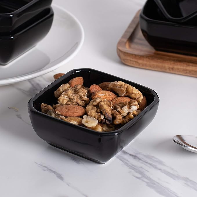 DELLING 6 Oz Square Porcelain Ramekins Set of 6, Oven Safe Creme Brulee Ramekins - Black Ceramic Souffle Dishes, Dishwasher Microwave Freezer Safe Baking Cups for Dessert Custard Pudding