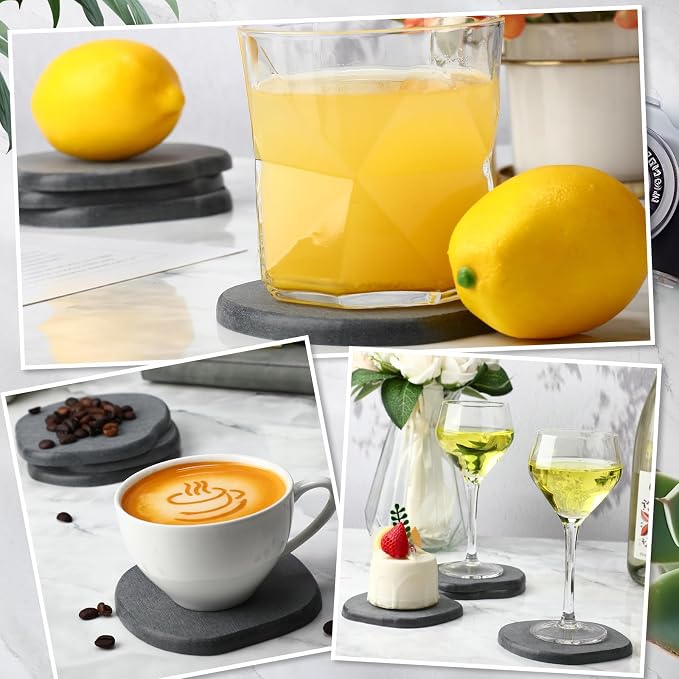Diatomaceous Earth Coasters Set of 4，Cool Absorbent Quick-Dry Drink Coasters for Desks, Cute Modern Stone Design with Stylish Grey Aesthetic (4, Grey)