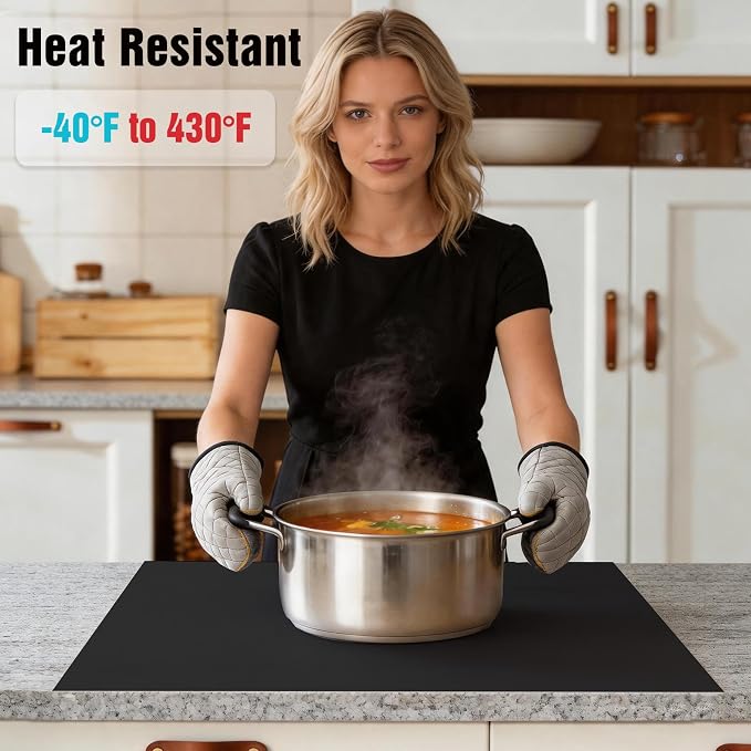 Silicone Mat for Kitchen Counter with Edge Protection – Quartz Countertop Protector, Heat Resistant & Non-Slip, Easy Clean, 100% Food Grade Silicone, 28"x20" (Black)