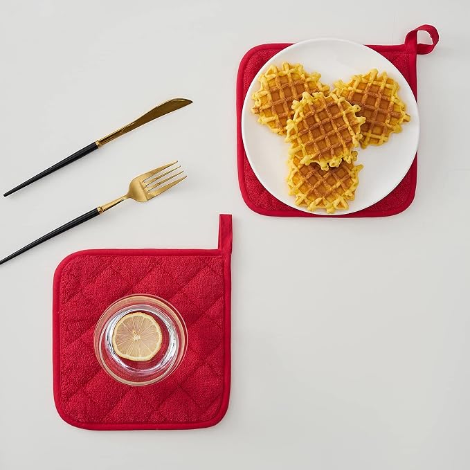 Kitchen Pot Holders Set Heat Resistant Pure Cotton Potholders Kit Trivets Large Coasters Hot Pads Terry Pot Holders for Everyday Cooking and Baking by 7 x 7 Inch Set of 4 Red