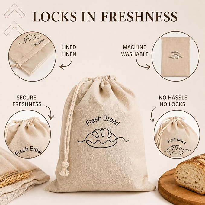 3-Pack Linen Bread Bags for Homemade Bread – Reusable Bread Storage Bags with Inner Lining – 12"x15" Sourdough Bread Bags – Eco-Friendly Baking Supplies & Gifts for Home Bakers by Simply H&K