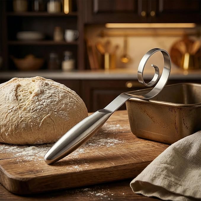 Maxjoy Danish Dough Whisk, Seamless Stainless Steel Sourdough & Bread Tool | Dutch Dough Hook, Replaces Mixer Spoon & Stick, Food Grade & Rust Resistant, Easy Clean & Dishwasher Safe, Baking Stirrer