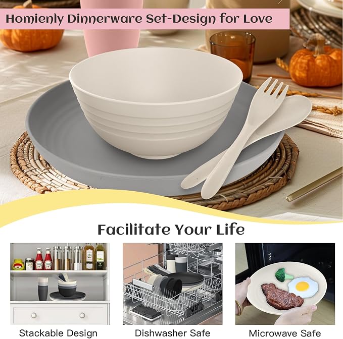 Unbreakable Wheat Straw Dinnerware Sets, Plastic Plates and Bowls Sets Alternative 20 PCS, Microwave & Dishwasher Safe Dish Set for Kitchen, Camping, Kids, Apartment, Lightweight(Grey Stone)