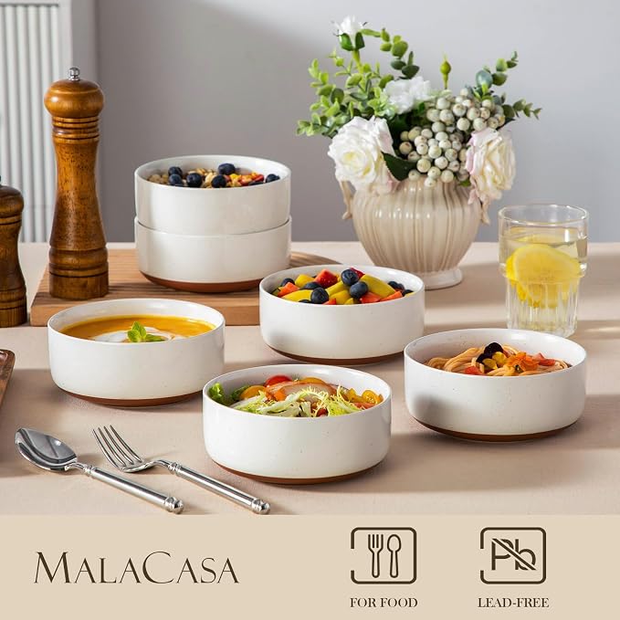 MALACASA Cereal Bowls Set of 6,24 OZ Ceramic Bowls for Kitchen,Khaki White | Porcelain Soup Bowl Breakfast Bowls for Cereal, Soup, Oatmeal, Yogurt, Dishwasher Microwave Safe for Daily Use, Series TARA