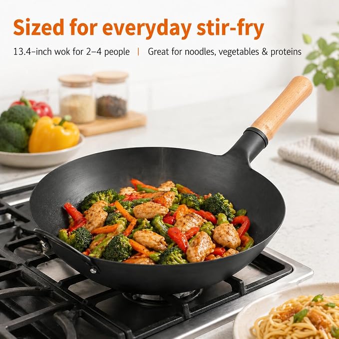 WANGYUANJI 13.4 Inch Round Bottom Carbon Steel Wok, Nitrided Iron Chinese Stir Fry Pan for Gas Wok Burner, Wok Ring Needed for Flat Gas Grates, Wooden Handle