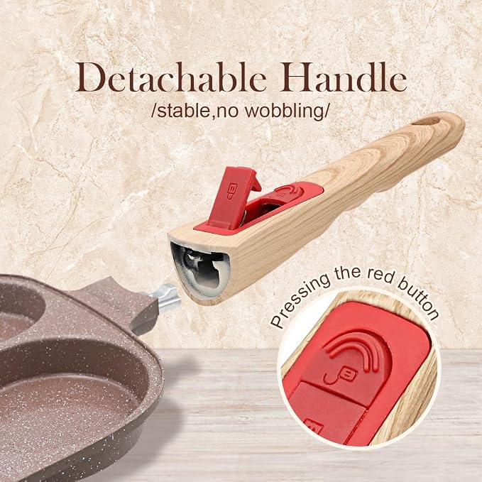 RANX INGST Ceramic Egg Frying Pan, Nonstick 4 Cup Fried Egg Pan with Detachable Handle, Omelette Pan Induction Compatible - Brown