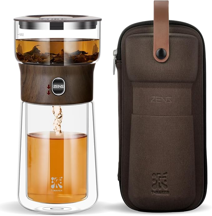 ZENS Glass Infuser Teapot, One Touch Tea Maker for Loose Leaf Tea | Modern Magic Tea Diffusers with 9oz Insulated Mug, Portable Tea Infuser Pot for Herbal Tea Lovers Gifts