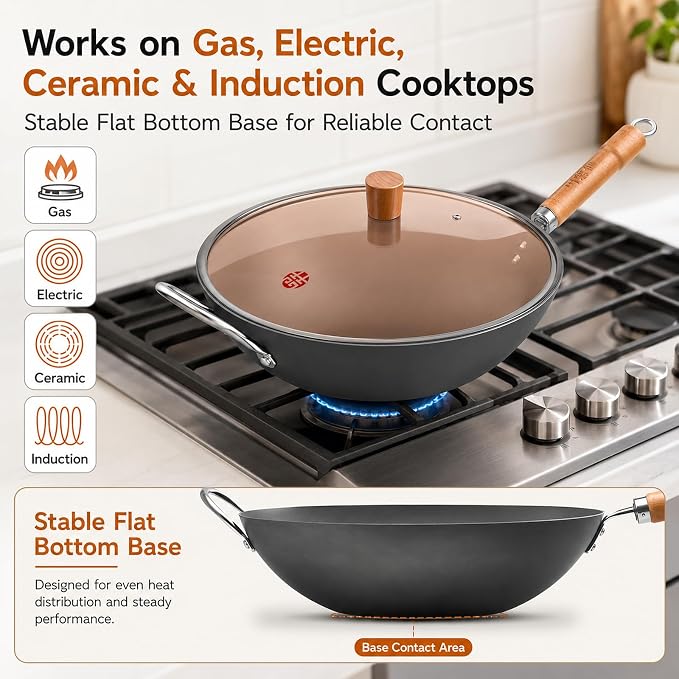 WANGYUANJI 13.4 Inch Carbon Steel Wok Pan with Glass Lid, Flat Bottom Chinese Stir Fry Wok for Induction, Gas and Electric Stoves, Uncoated Iron Wok for Stir Frying, Sautéing and Deep Frying