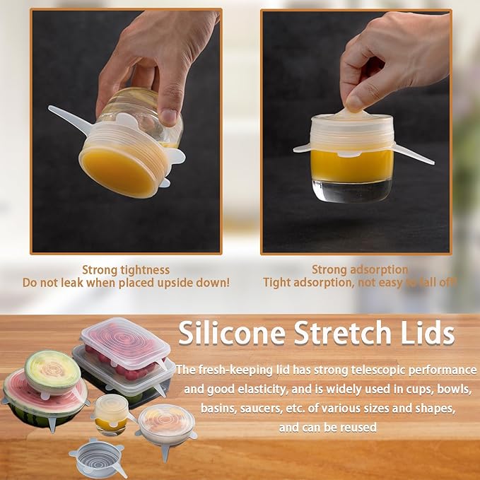Silicone Stretch Lids, 6 Pcs, 7.28in | Reusable and Durable, Silicone Container Covers, Food Storage, Expandable Bowl Covers, Dishwasher & Freezer Safe