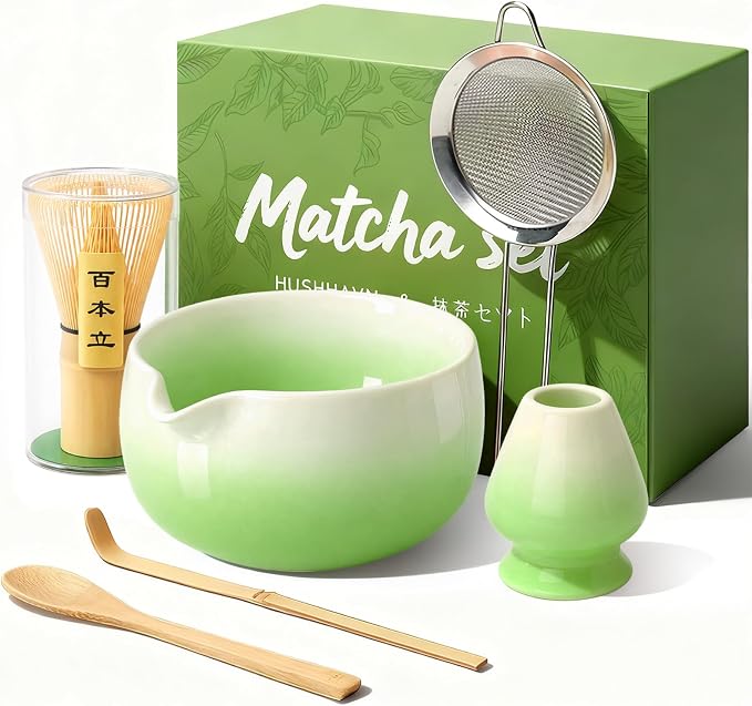 Matcha Whisk Set, Ceramic Matcha Set Includes Bowl & Holder, Bamboo Whisk (Chasen), Scoop, Spoon and Sifter, 6PCS Matcha Kit Covers Everything Needed for Making Matcha (Green)