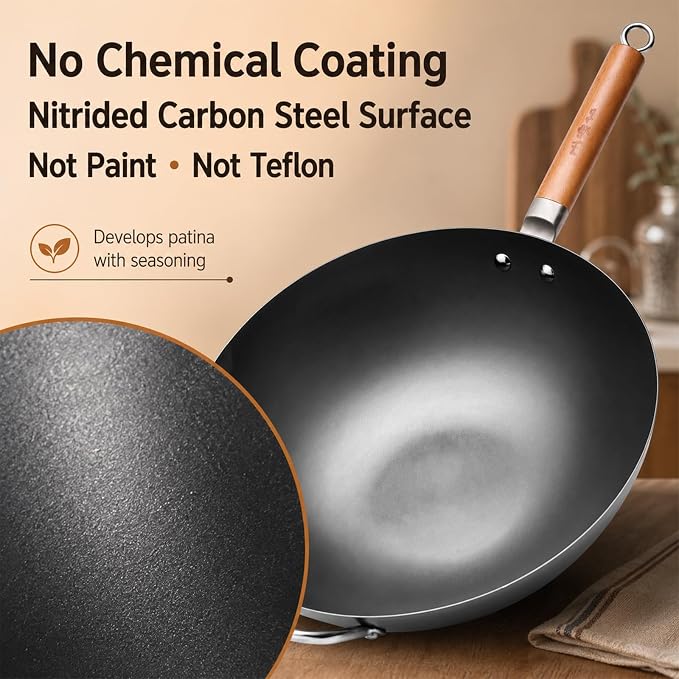 WANGYUANJI 14.2" Carbon Steel Wok with Lid, Flat Bottom Chinese wok | No Chemical Coating Large Nitriding Stir Fry Pan, Rust Resistant Iron Skillet for Induction Electric Gas Stoves, Big Capacity