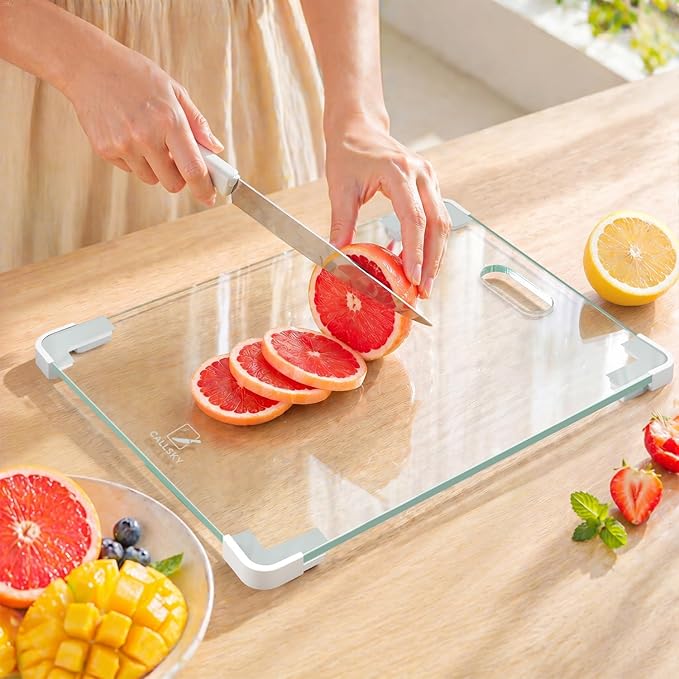 16x12 Clear Tempered Glass Cutting Board for Kitchen, Dishwasher Safe | Non-Slip Corner Guards, Shatter-Resistant, Scratch-Resistant, Food-Safe & Non-Toxic Large Chopping Board