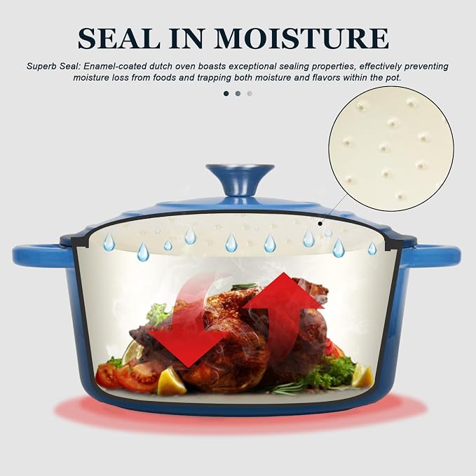 Overmont Enameled Cast Iron Dutch Oven - 4.5QT Pot with Lid Cookbook & Cotton Potholders - Heavy-Duty Cookware for Braising, Stews, Roasting, Sourdough Baking blue
