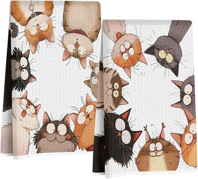 2 Pcs Cute Cat Kitchen Towels, Funny Cats Gifts Absorbent Hand Towels-02 | Cat Dish Cloths for Drying Dishes, Cats Waffle Dish Towels for Kitchen Home Bathroom Decor, Cat Lover Gifts for Women Mom
