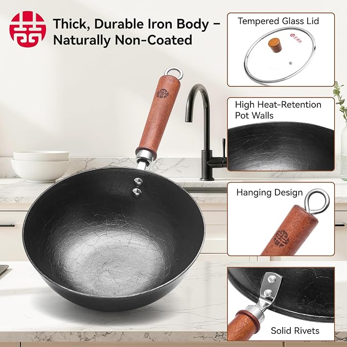 WANGYUANJI 9.5 Inch Small Cast Iron Wok with Lid - Handcrafted Tortoise Shell Texture Uncoated Stir Fry Pan, Flat Bottom Wok for Electric, Induction & Gas Stoves, 2.5 Quart (Requires Seasoning)