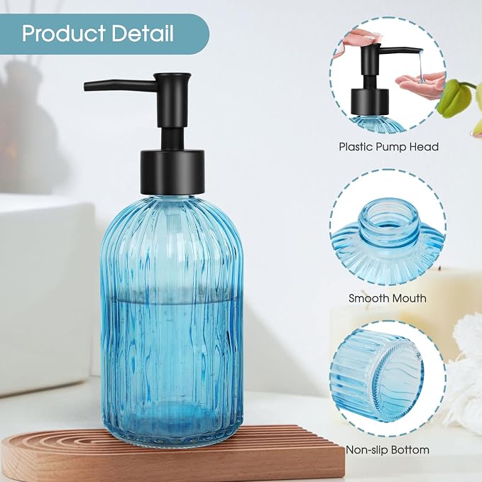 Topsky Stripe Glass Soap Dispenser with Black Plastic Pump, 400ml Liquid Hand Soap Dispenser, Rustproof Pump for Kitchen & Bathroom, Great for Lotions, Essential Oil, Liquid Soaps- (Light Blue)